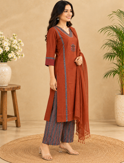 Rust Brown Printed  Dupatta Set with Embroidered Neckline .