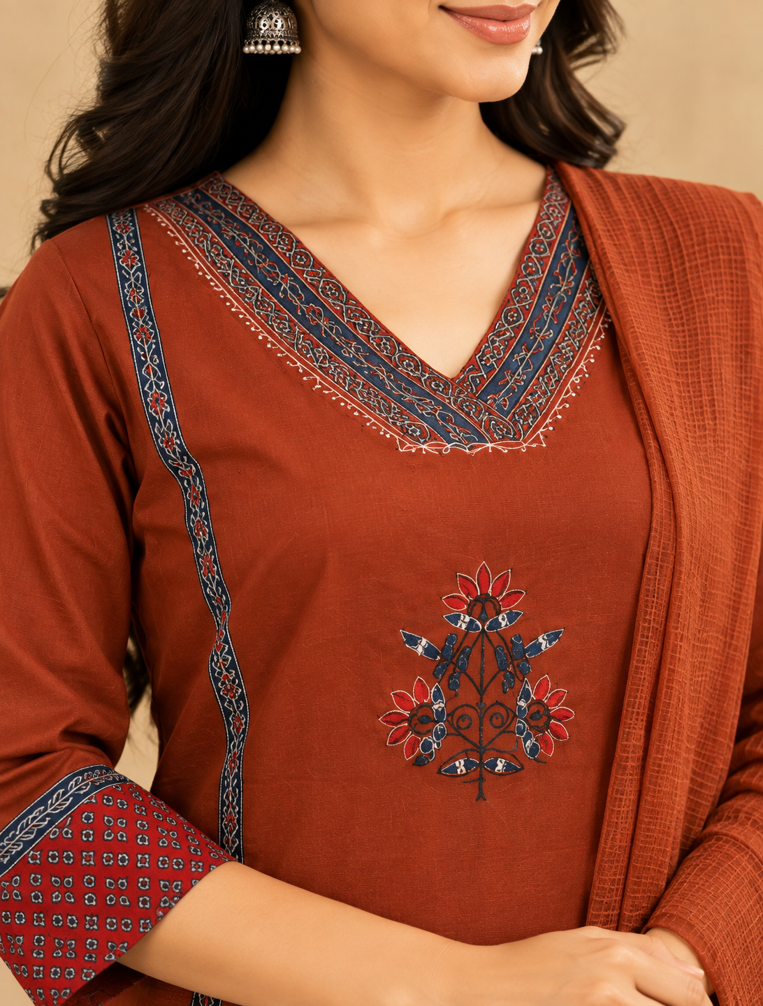 Rust Brown Printed  Dupatta Set with Embroidered Neckline .
