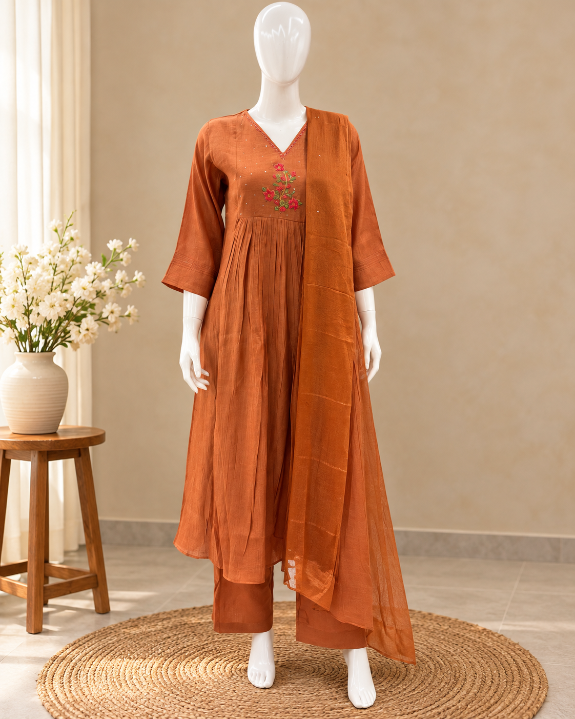 Rust orange pure Chanderi embroidered kurta pant dupatta set with floral embroidery and matching dupatta