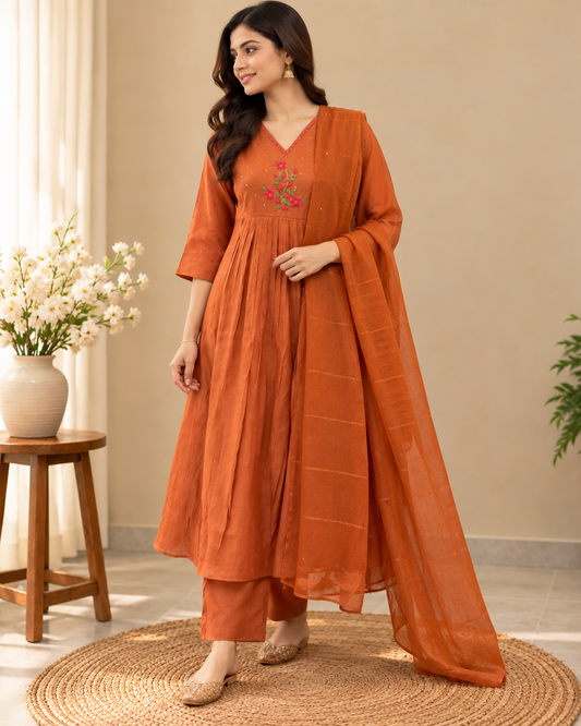 Rust orange pure Chanderi embroidered kurta pant dupatta set with floral embroidery and matching dupatta