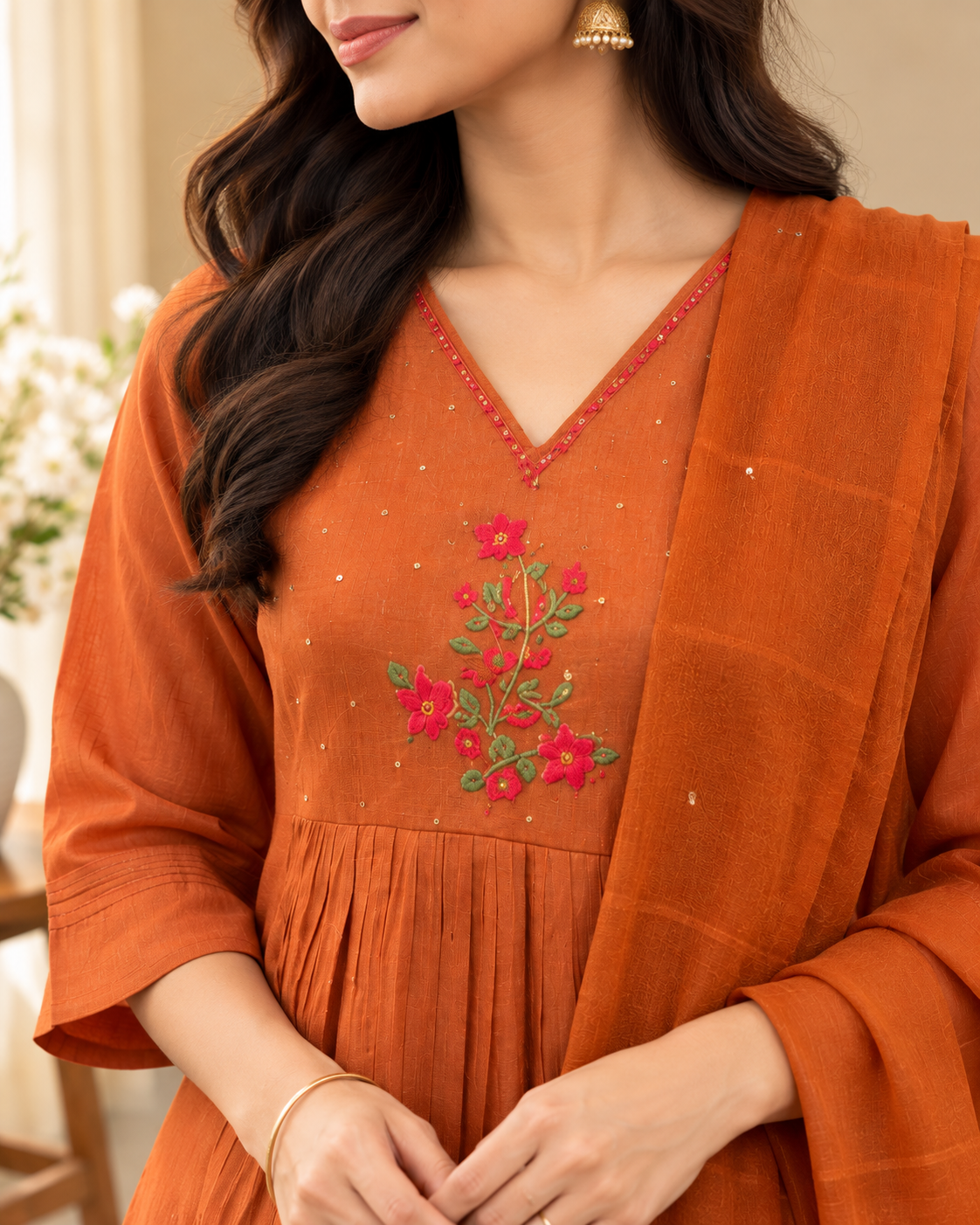 Rust orange pure Chanderi embroidered kurta pant dupatta set with floral embroidery and matching dupatta