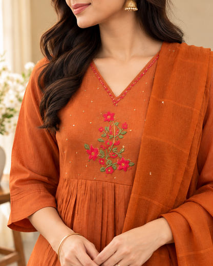 Rust orange pure Chanderi embroidered kurta pant dupatta set with floral embroidery and matching dupatta