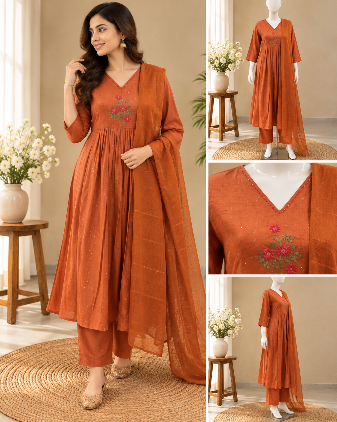 Rust orange pure Chanderi embroidered kurta pant dupatta set with floral embroidery and matching dupatta
