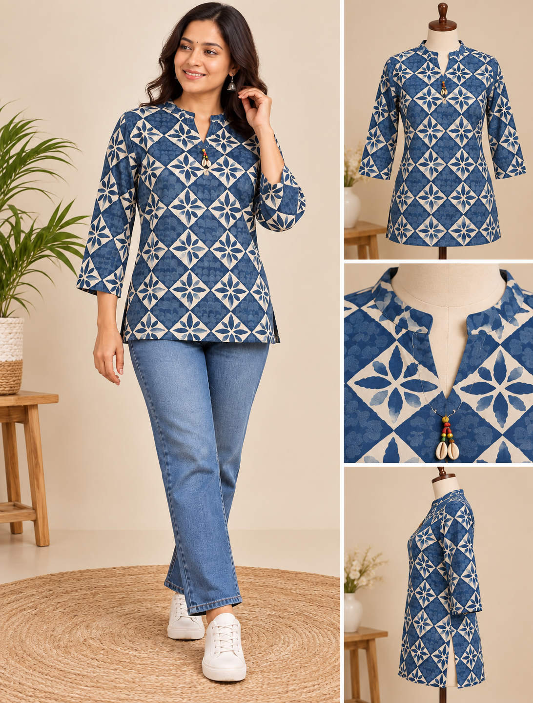 Blue & Cream Floral Printed Short Cotton Kurti