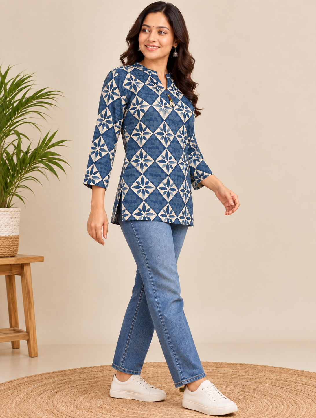 Blue & Cream Floral Printed Short Cotton Kurti