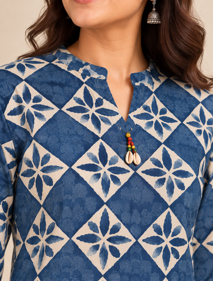 Blue & Cream Floral Printed Short Cotton Kurti