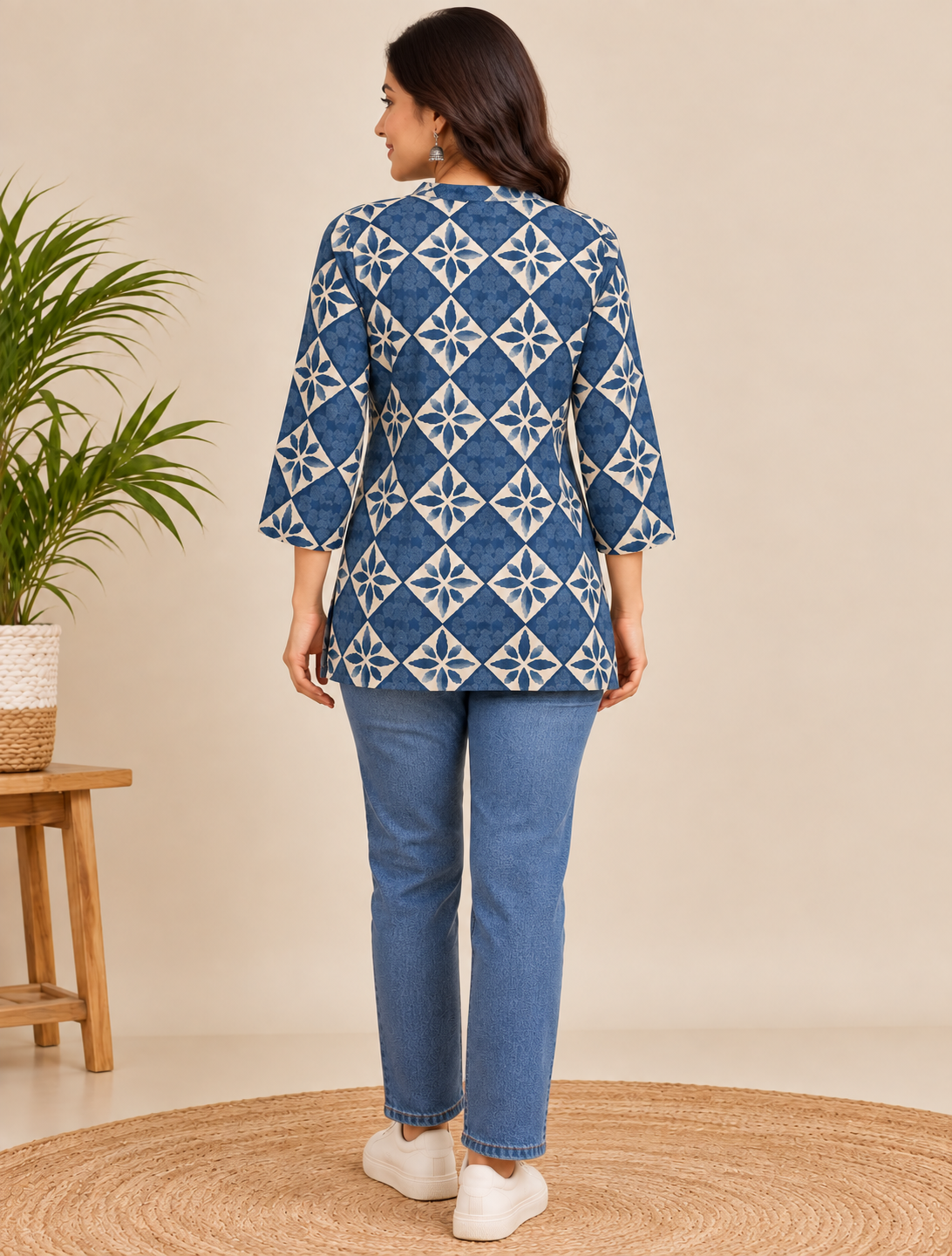 Blue & Cream Floral Printed Short Cotton Kurti