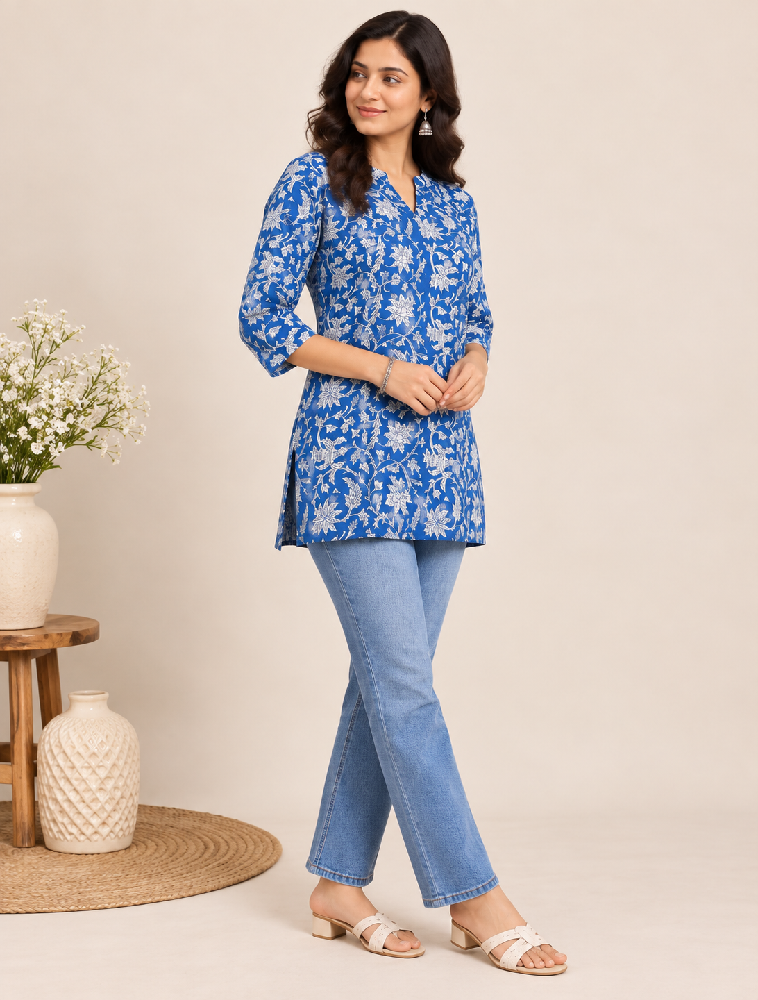 Blue floral printed cotton short kurti for women