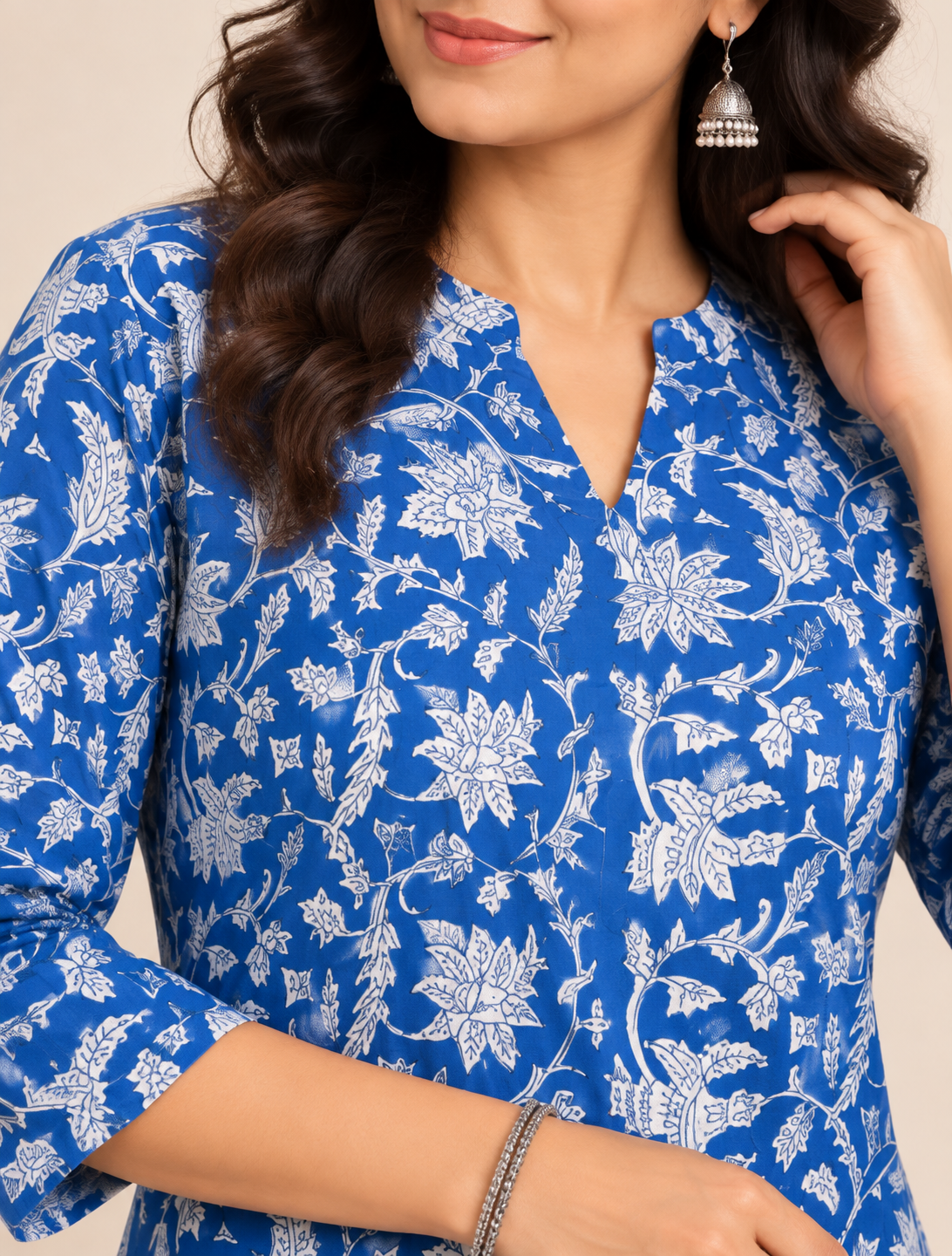 Blue floral printed cotton short kurti for women