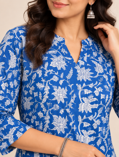 Blue floral printed cotton short kurti for women