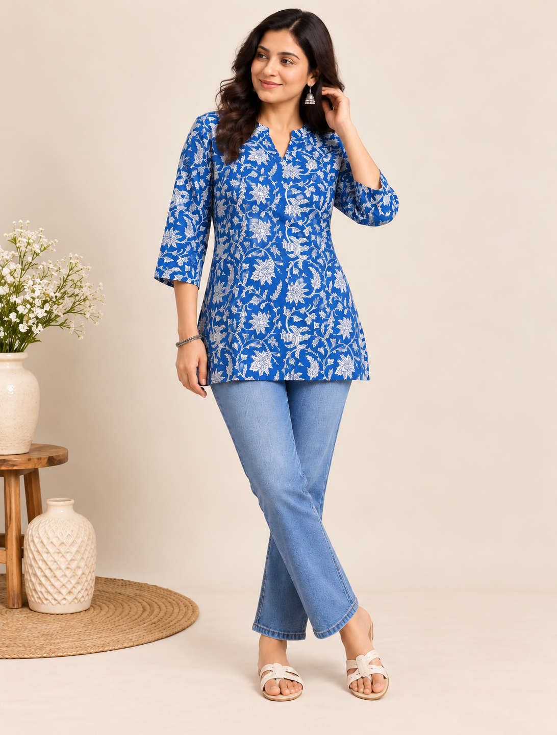 Blue floral printed cotton short kurti for women