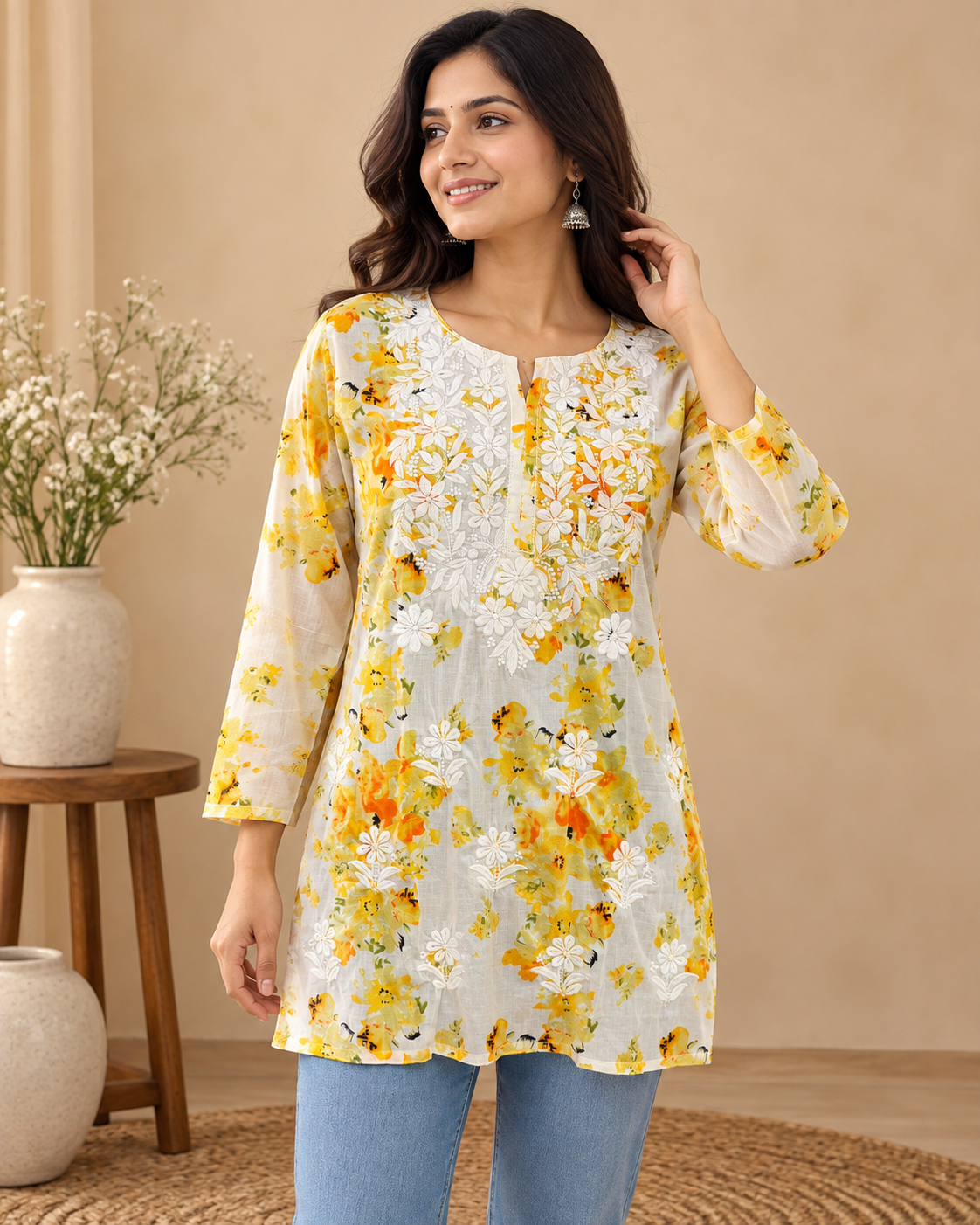 Yellow floral printed cotton kurti with white floral embroidery and three-quarter sleeves