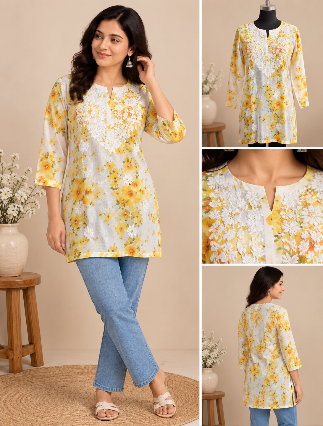 Yellow floral printed cotton kurti with white floral embroidery and three-quarter sleeves