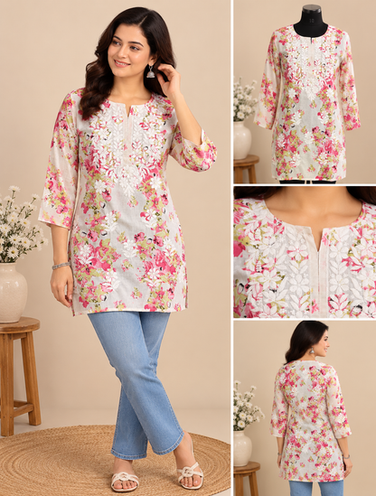 Pink floral printed cotton short top with white floral embroidery and three-quarter sleeves