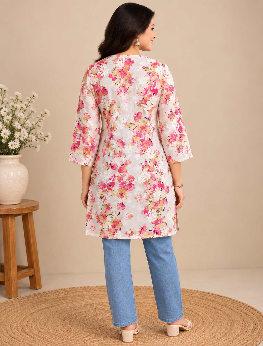 Pink floral printed cotton short top with white floral embroidery and three-quarter sleeves