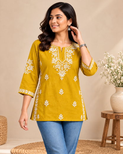Mustard yellow cotton short top with white floral embroidery and 3/4 sleeves