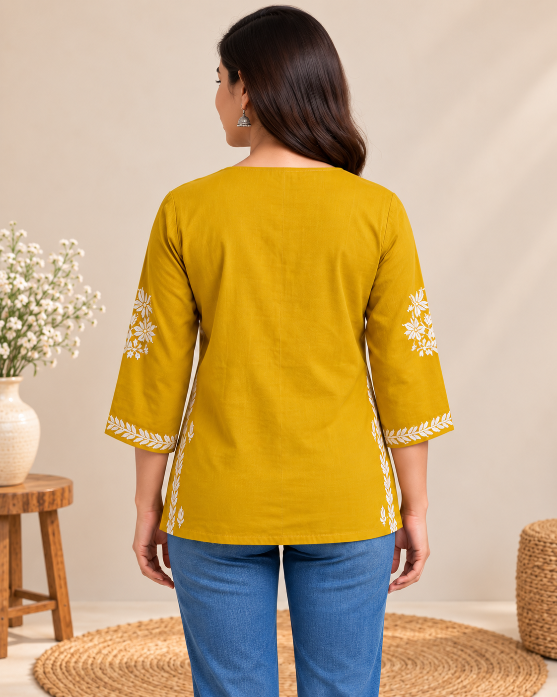 Mustard yellow cotton short top with white floral embroidery and 3/4 sleeves
