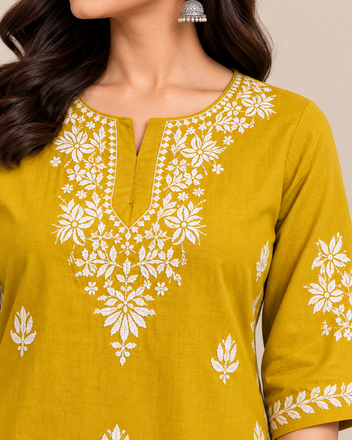 Mustard yellow cotton short top with white floral embroidery and 3/4 sleeves
