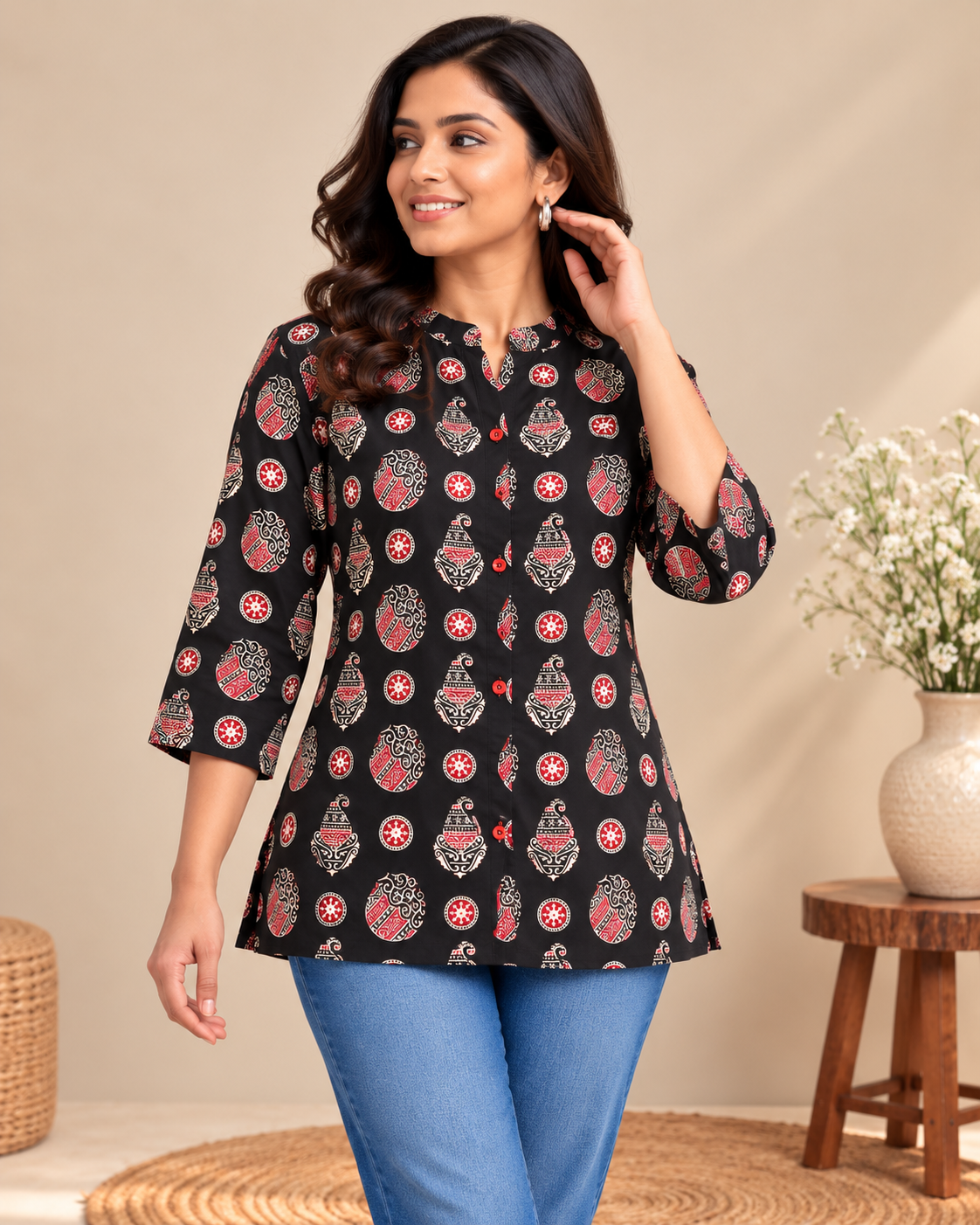 Black short top with red and white traditional printed motifs and 3/4 sleeves