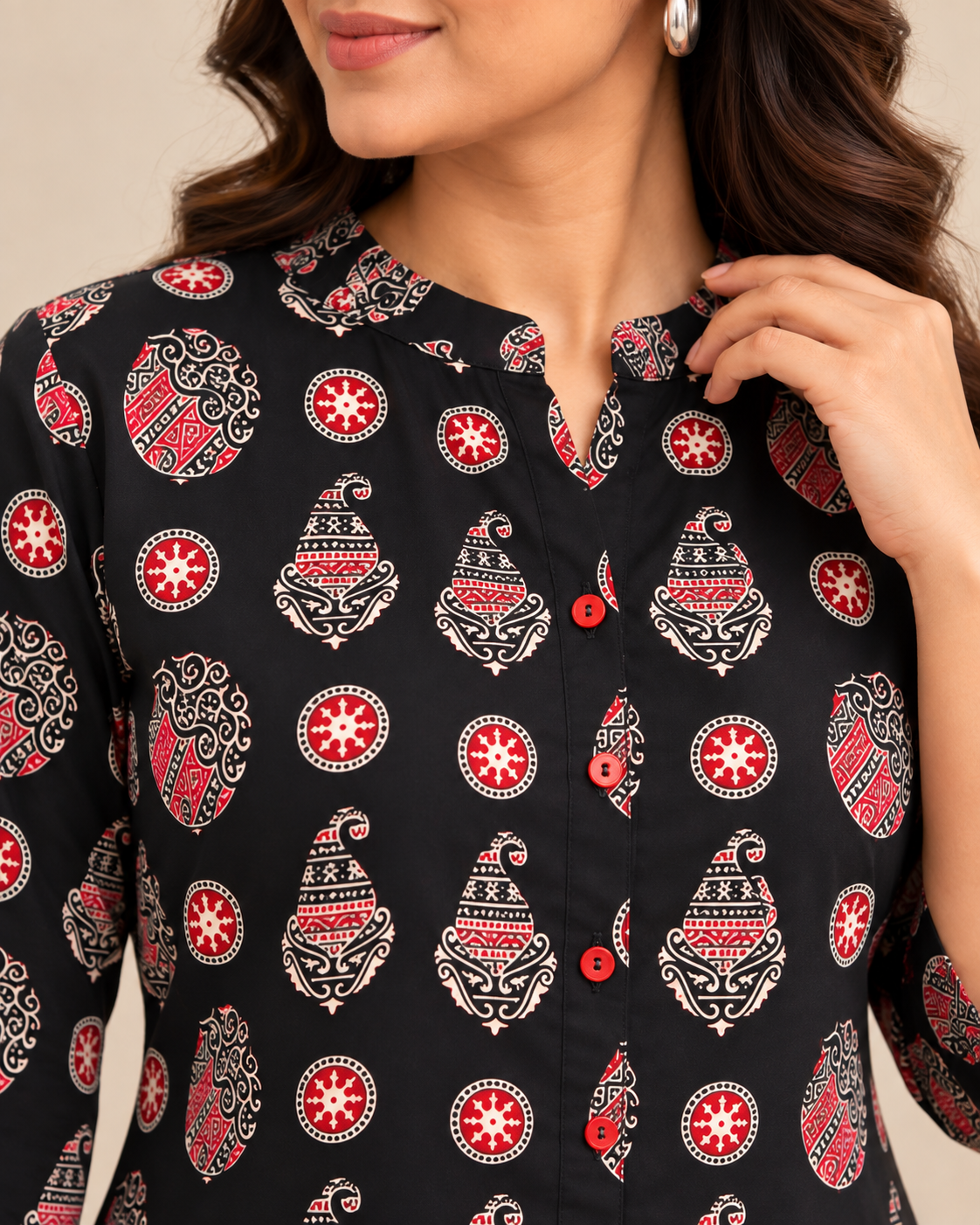 Black short top with red and white traditional printed motifs and 3/4 sleeves