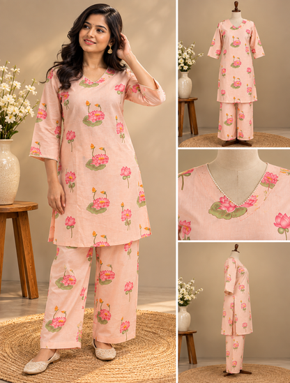 Pink Lotus Print Cotton Farsi Pant Set