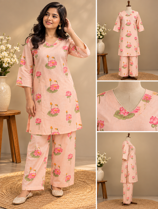 Pink Lotus Print Cotton Farsi Pant Set