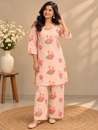 Pink Lotus Print Cotton Farsi Pant Set
