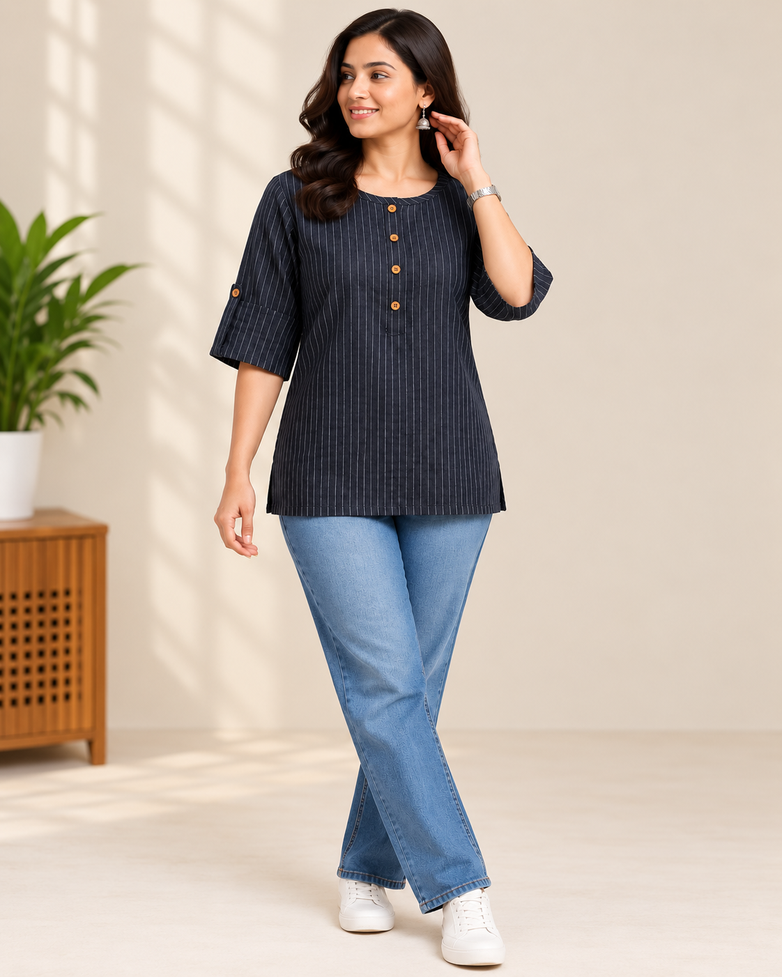 Black striped cotton short kurti with wooden buttons and three-quarter sleeves