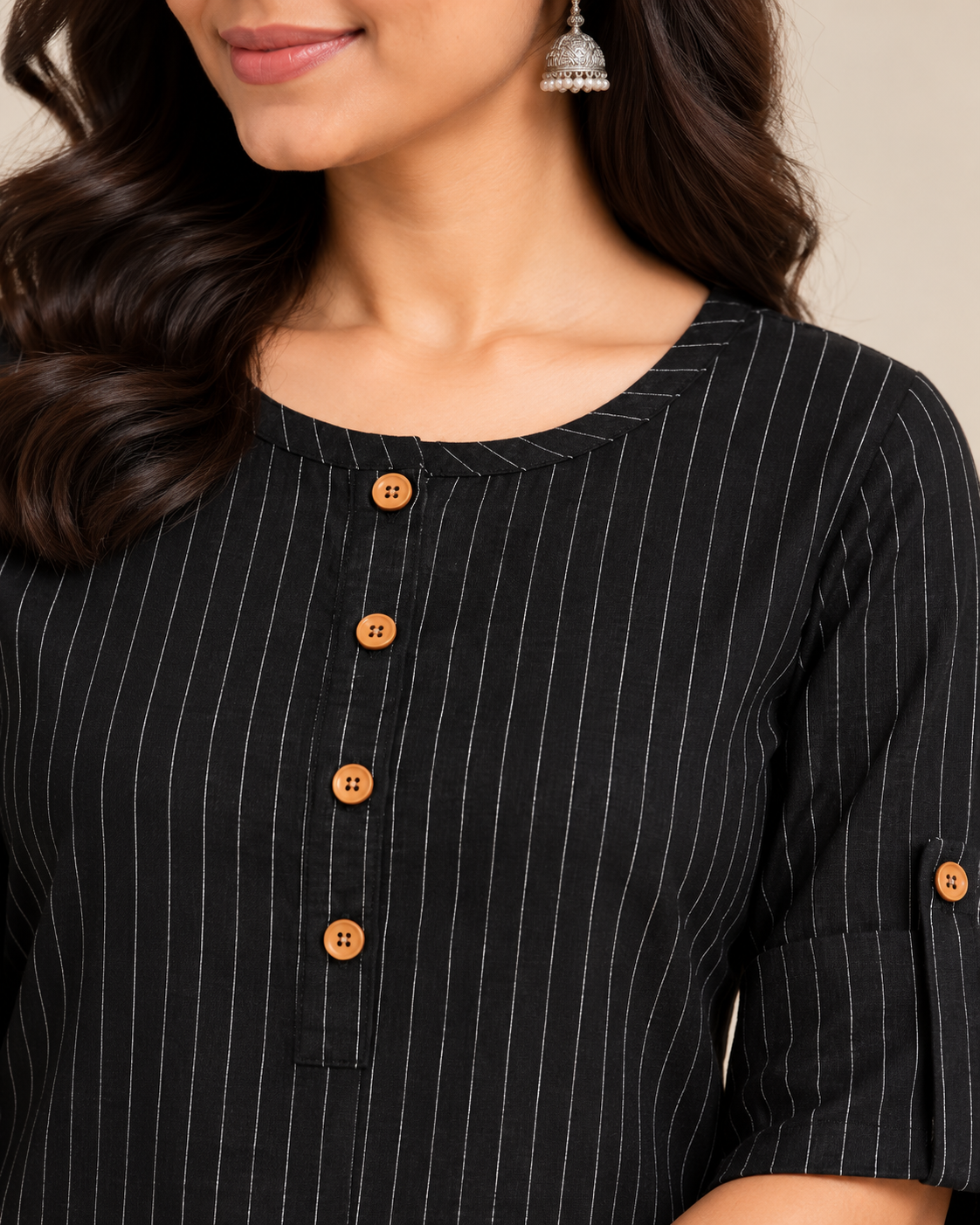 Black striped cotton short kurti with wooden buttons and three-quarter sleeves