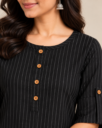 Black striped cotton short kurti with wooden buttons and three-quarter sleeves