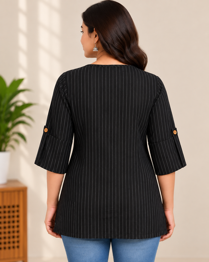Black striped cotton short kurti with wooden buttons and three-quarter sleeves