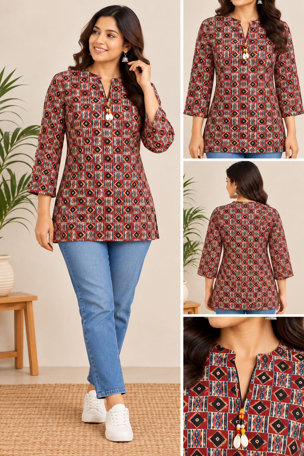 Maroon geometric printed cotton short kurti with multi colour ethnic motifs and tassel neckline