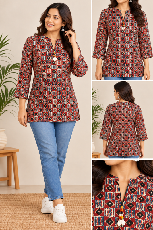 Maroon geometric printed cotton short kurti with multi colour ethnic motifs and tassel neckline