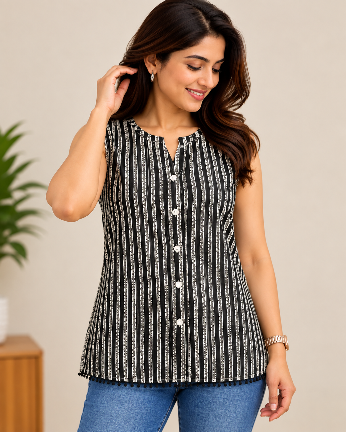Black and white striped sleeveless short top with front buttons and V-slit neckline