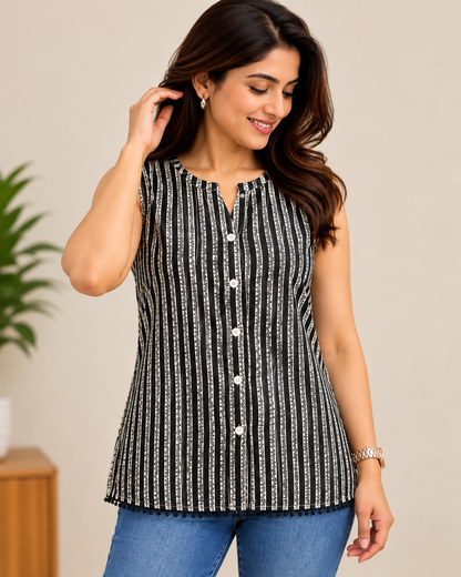 Black and white striped sleeveless short top with front buttons and V-slit neckline