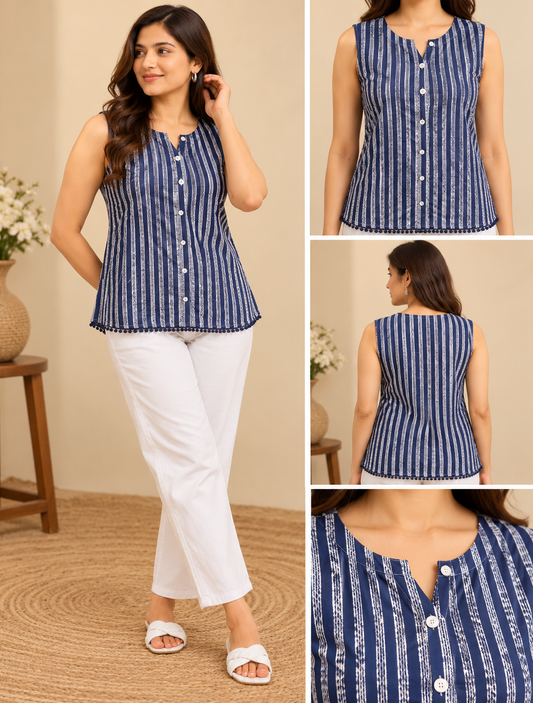 Navy blue and white striped sleeveless short top with front buttons, notched neckline and pom-pom hem detail