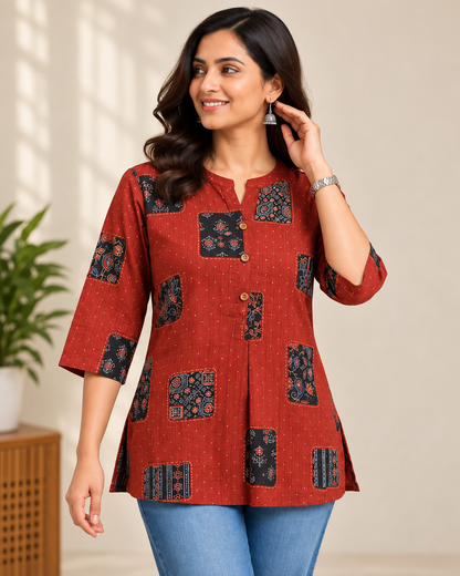 Rust Red Printed Cotton Short Kurti