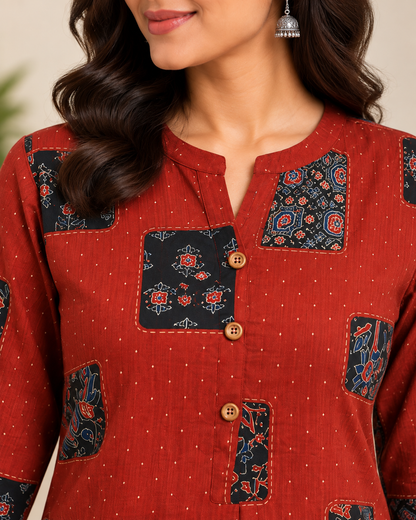 Rust Red Printed Cotton Short Kurti