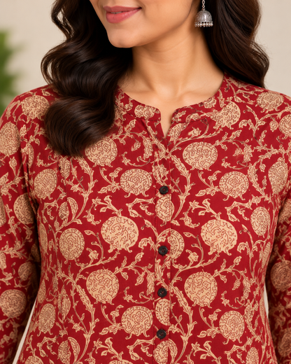 Maroon floral printed cotton short kurti with beige floral vine pattern and three-quarter sleeves