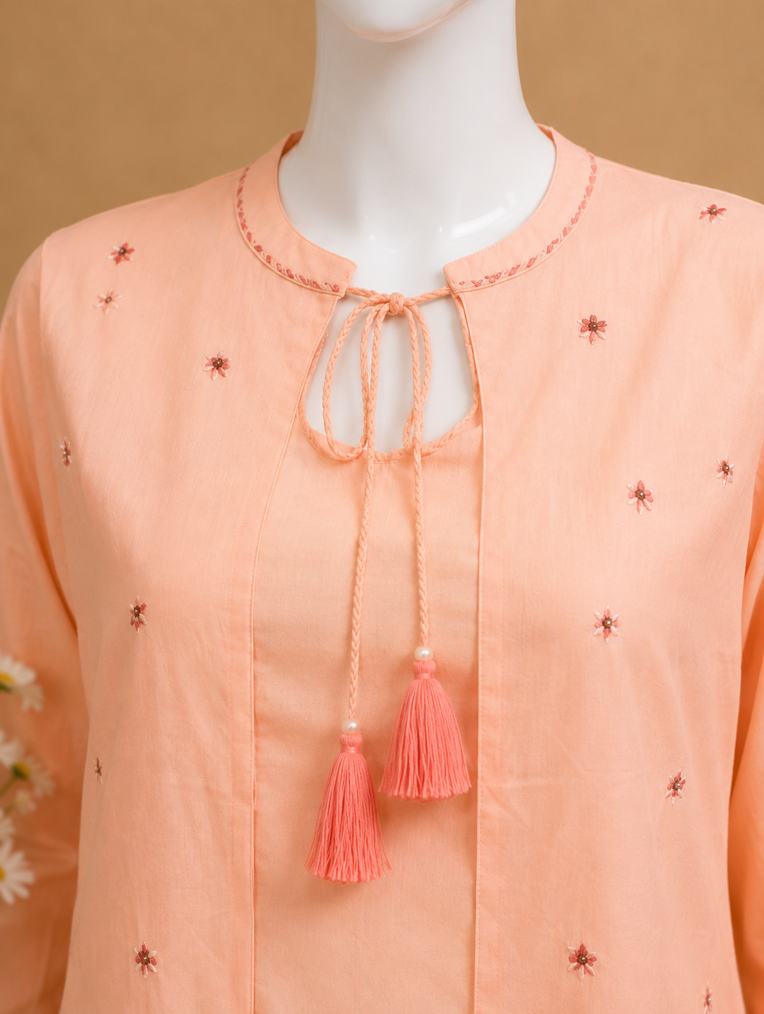 Peach Cotton Dress with Printed Jacket
