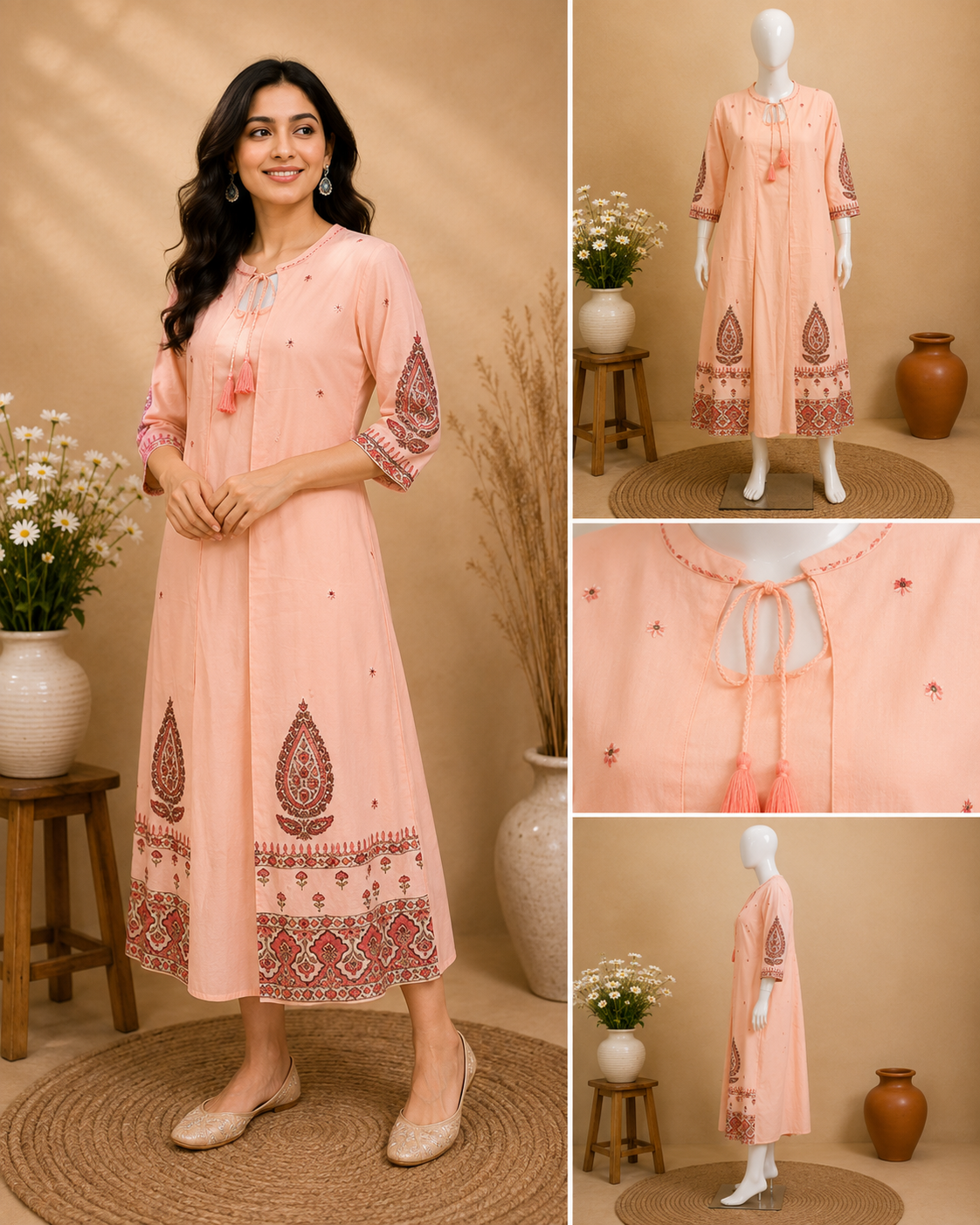 Peach Cotton Dress with Printed Jacket