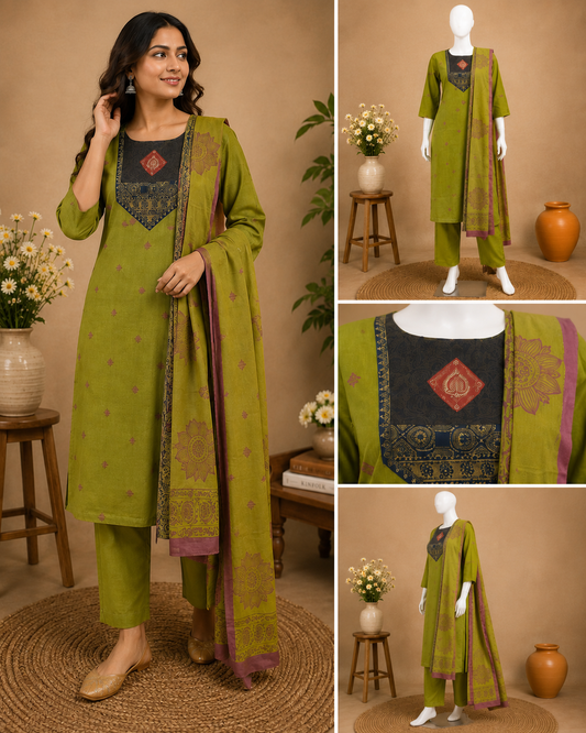 Parrot  Green Printed Cotton Kurta Set with Dupatta Set