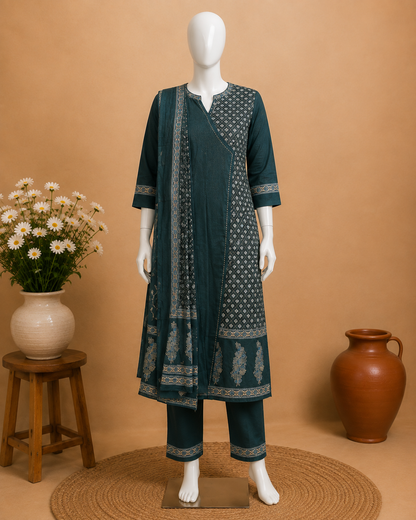 Bottle Green Cotton Dupatta Set