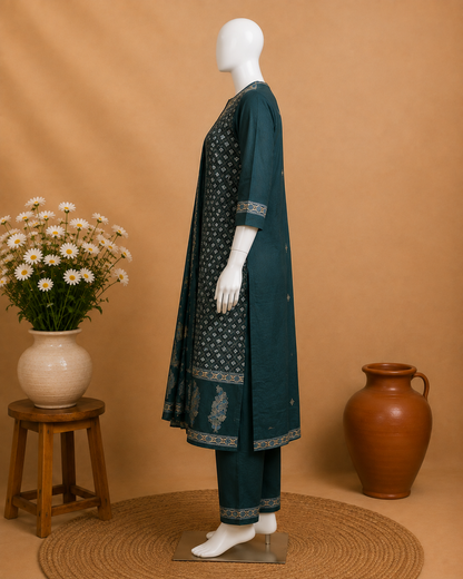 Bottle Green Cotton Dupatta Set