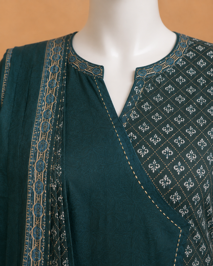 Bottle Green Cotton Dupatta Set