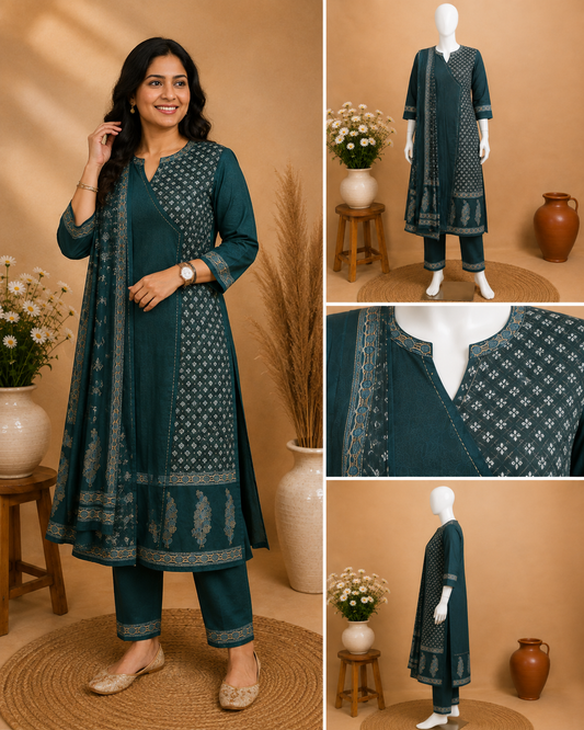 Bottle Green Cotton Dupatta Set