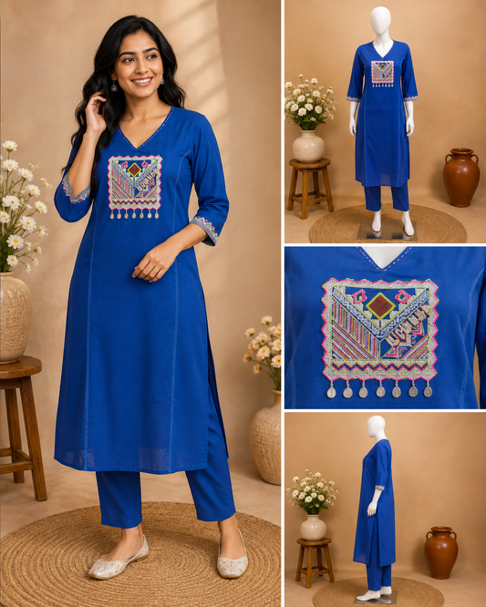 Royal Blue Embroidered Cotton Kurta Set