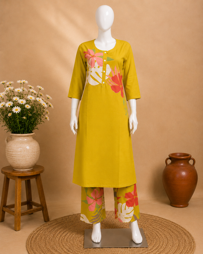 Mustard Yellow Cotton Kurta Set with Printed Palazzo