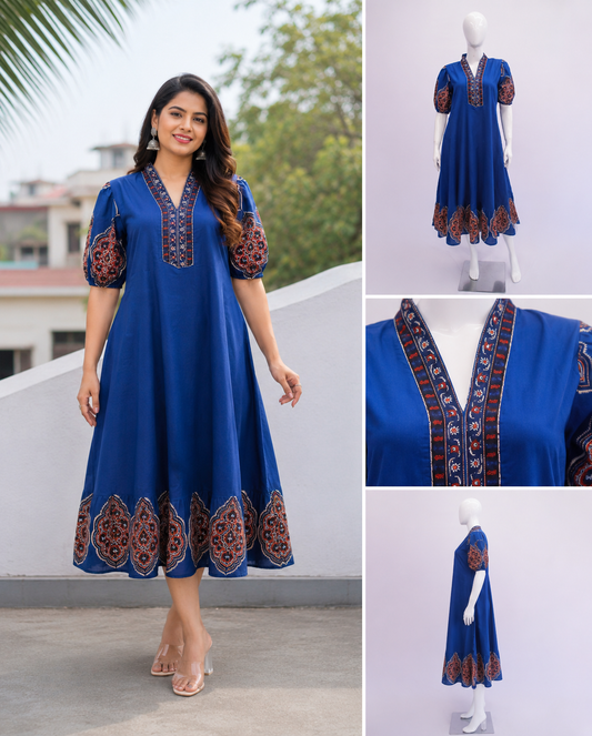 Indigo Blue Cotton Ajrakh A-Line Dress