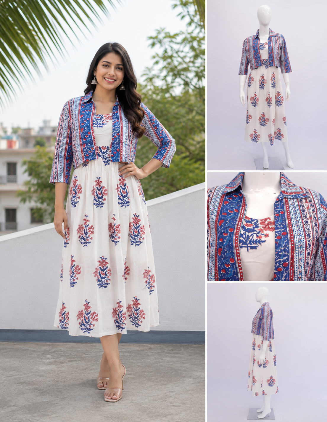 Floral Cotton Dress with Printed Jacket